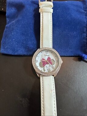 Disney White Strap Minnie Mouse Watch with Pink Bow and Crystal Bezel